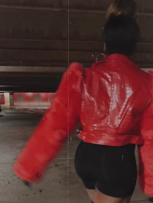 Jennifer Croc Fur Moto Jacket (Red)
