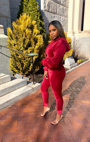 Elevated Velour Girl Hoodie Sweatsuit (Burgundy)